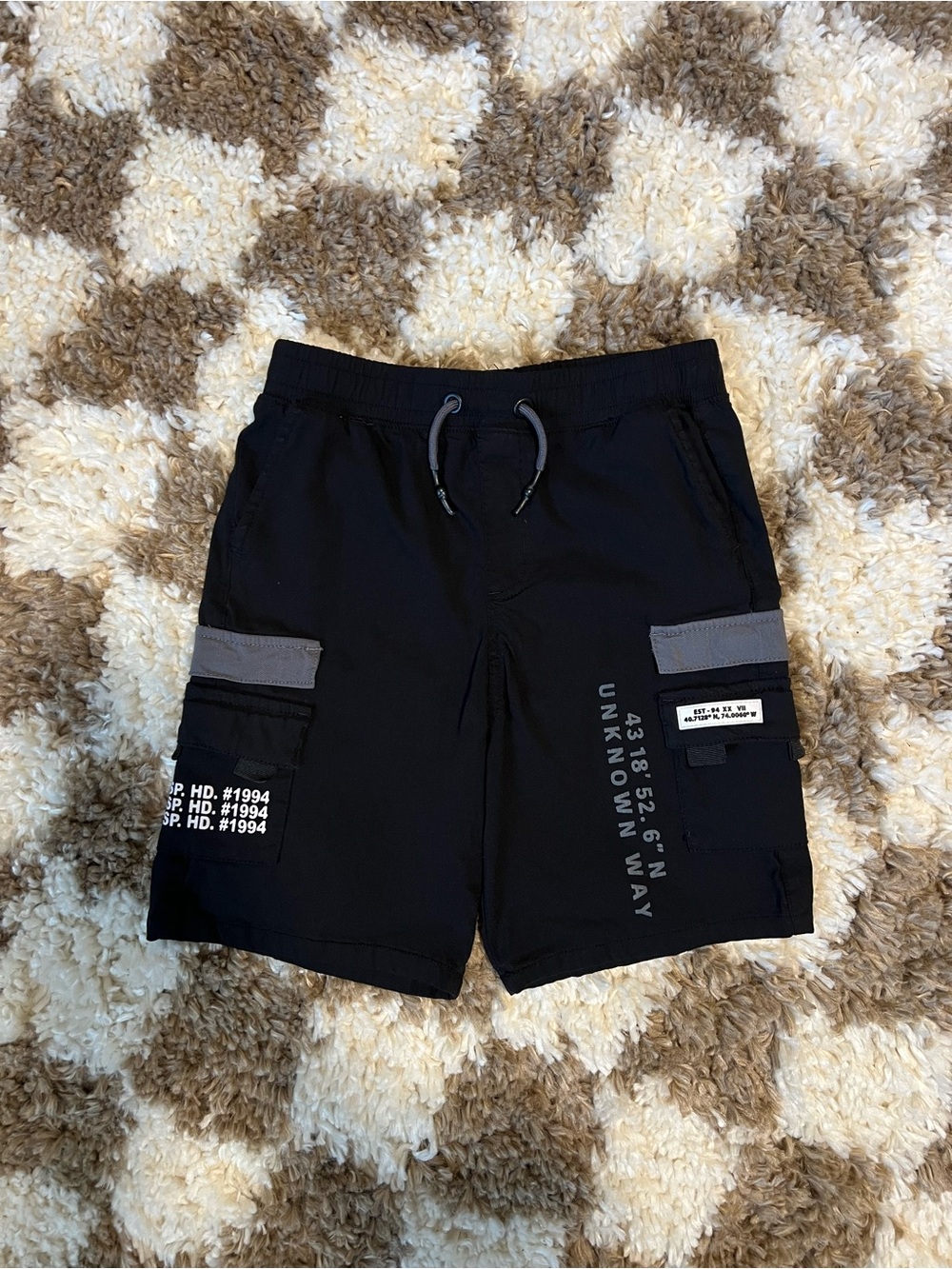 Rock Salt Boy’s Black Cargo Drawstring Shorts with Utility Pockets